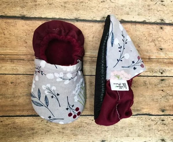 Gray & Maroon Floral Moccasins